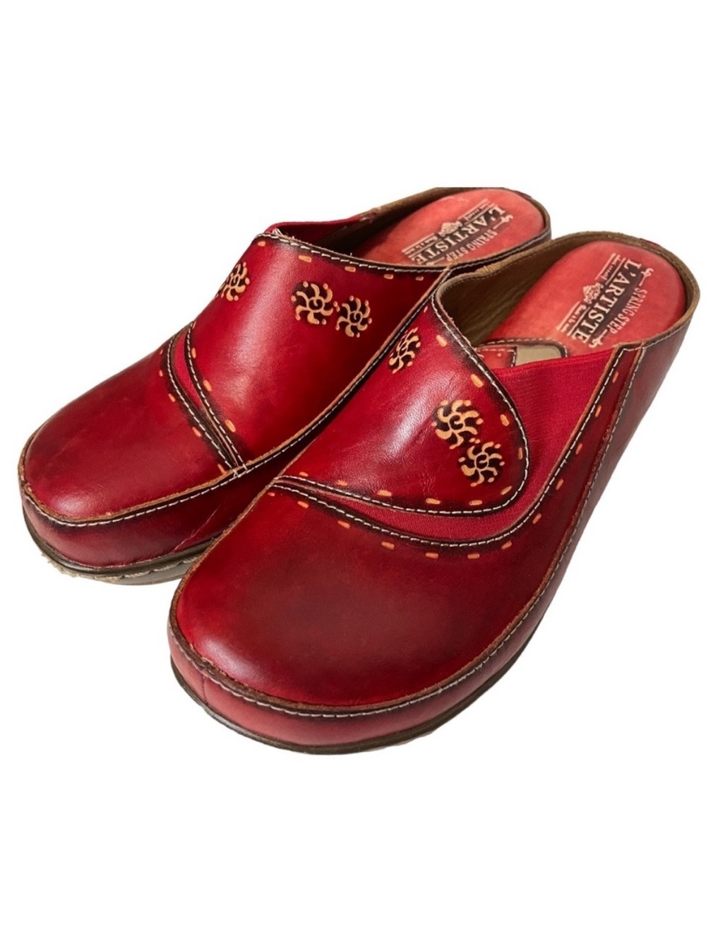 LARTISTE Spring Step Chino Red Leather Handpainted Slip-on Boho Mules Clogs Sz 8